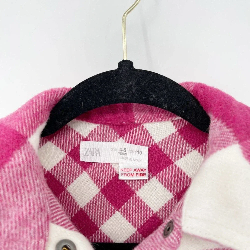 Zara Plaid Overshirt Jacket Girls 4-5 Years‎ Pink White Flannel Button Down Wool